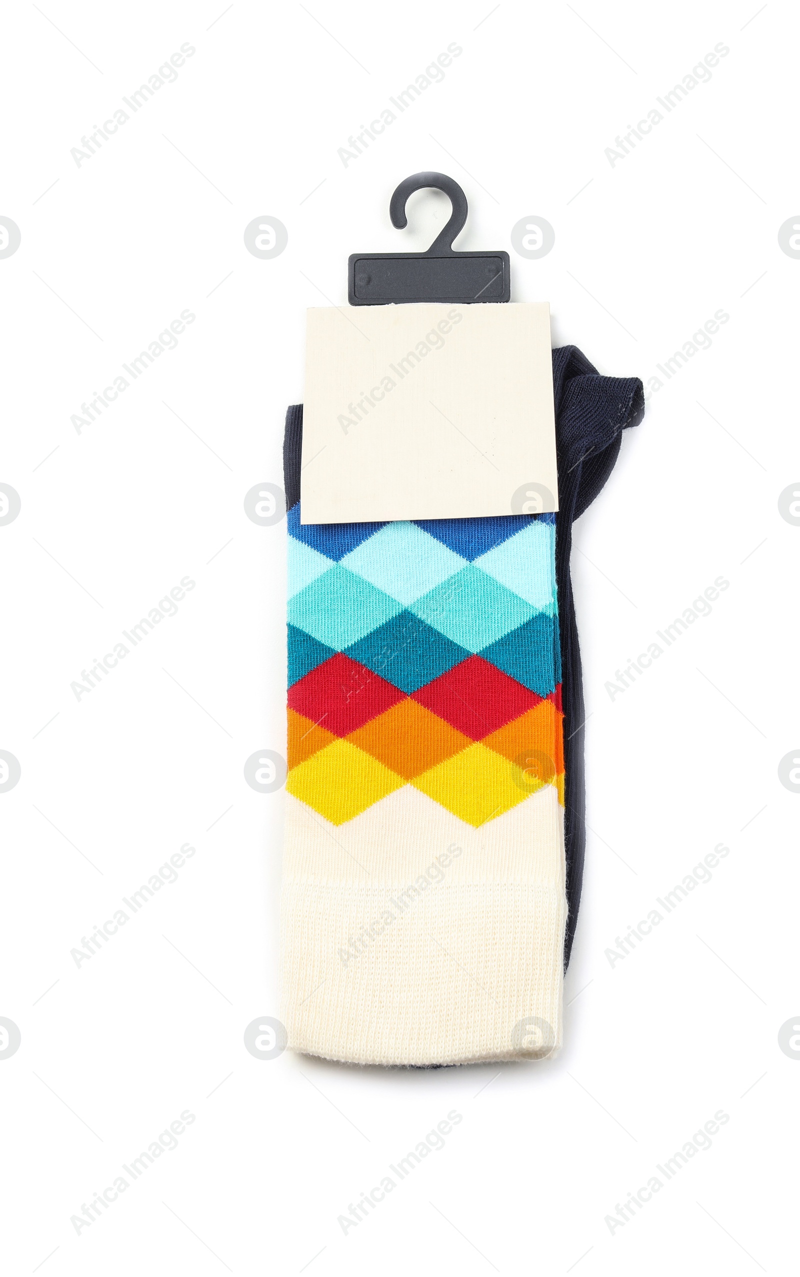 Photo of Colorful socks on white background, top view