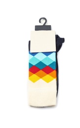 Colorful socks on white background, top view