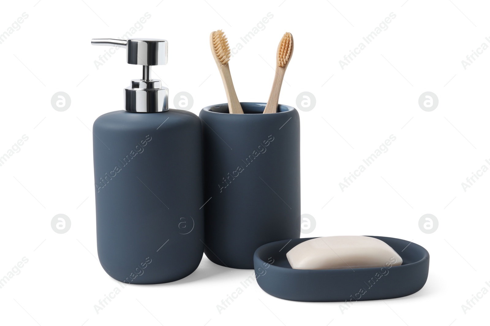 Photo of Bath accessories. Different personal care products isolated on white