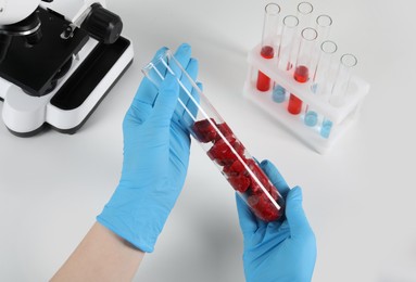 Photo of Scientist holding test tube with pieces of raw cultured meat in laboratory, closeup