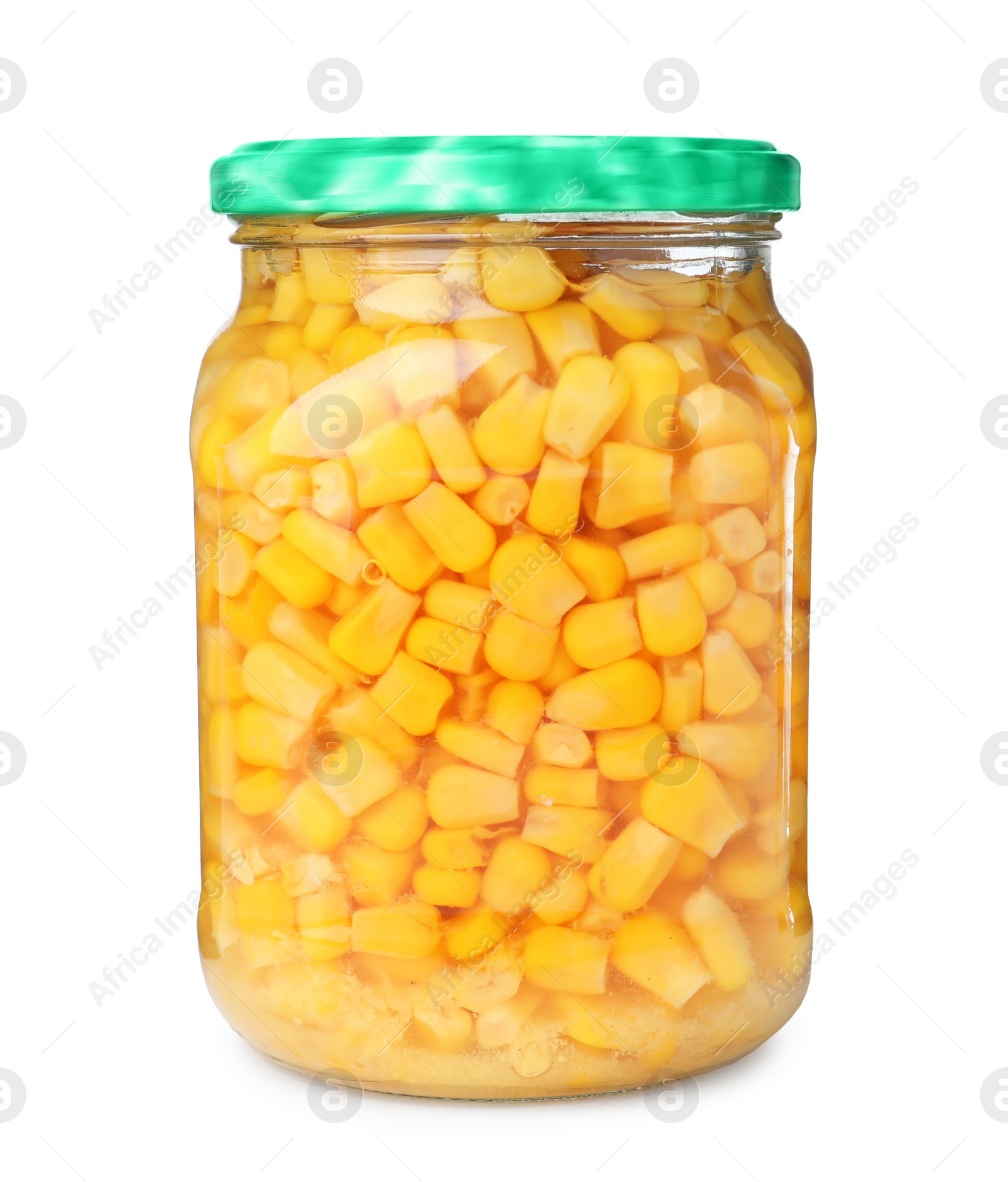 Photo of Glass jar with pickled corn isolated on white