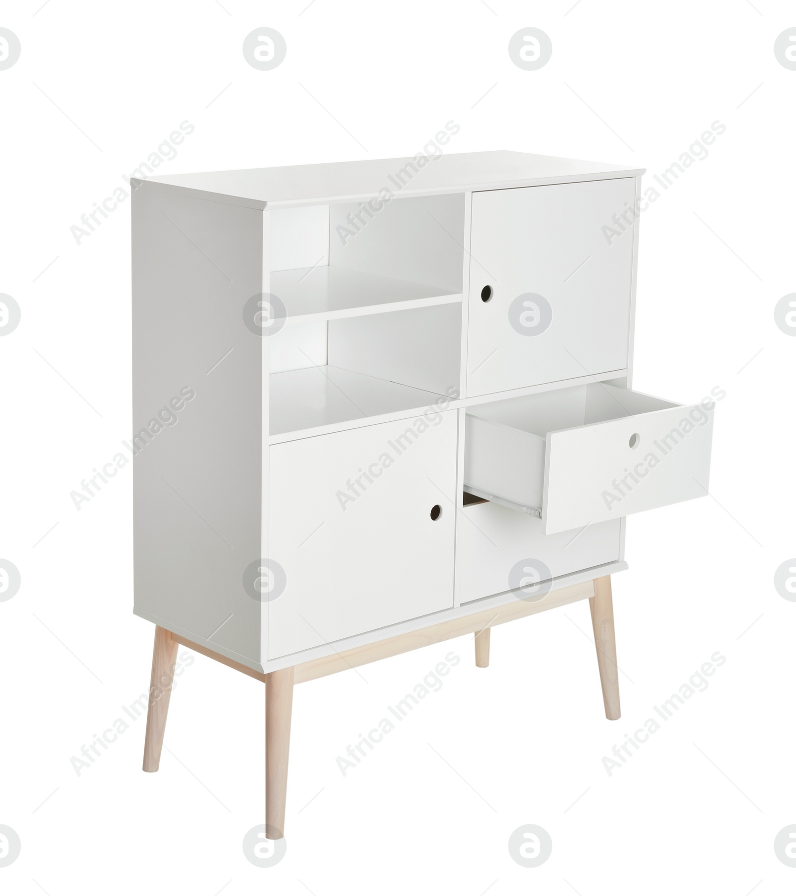 Photo of Stylish dresser with empty shelves on white background. Furniture for wardrobe room