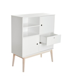 Photo of Stylish dresser with empty shelves on white background. Furniture for wardrobe room