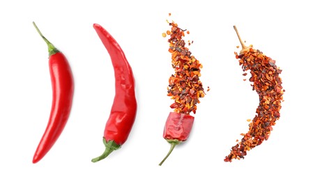 Set with red hot chili peppers and flakes on white background