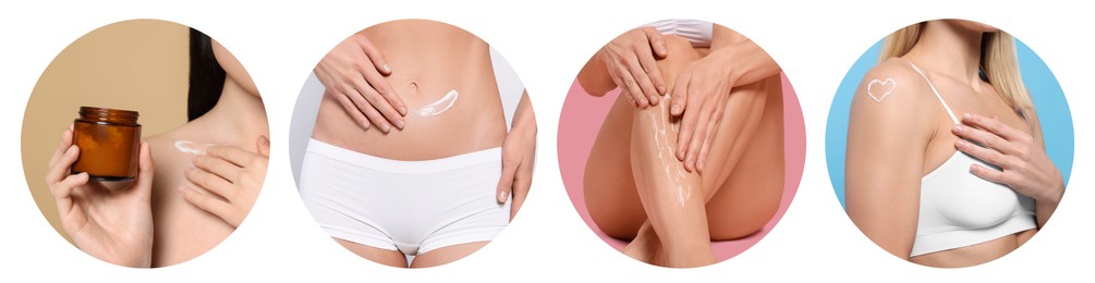 Image of Collage with photos of women applying body cream on white background, closeup. Banner design