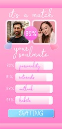 Soulmate match. Dating site interface with photos of possible pair and data