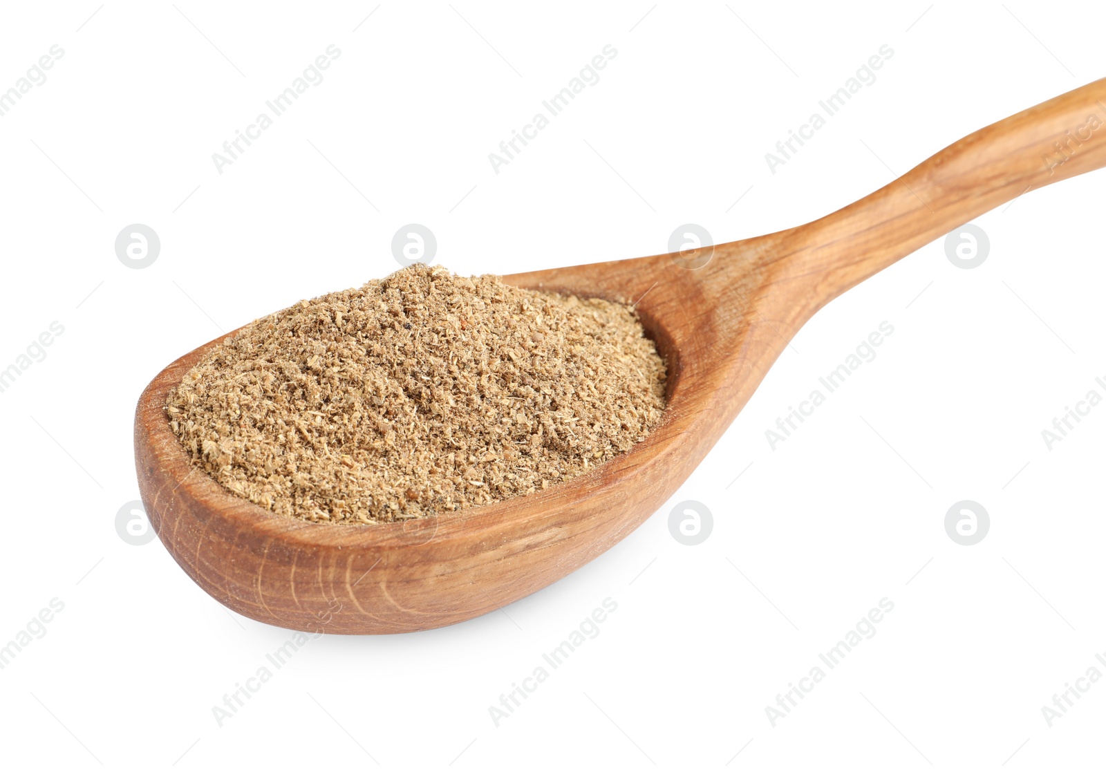 Photo of Wooden spoon with powdered coriander on white background