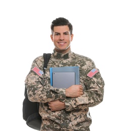 Photo of Cadet with backpack, tablet and notebooks isolated on white. Military education