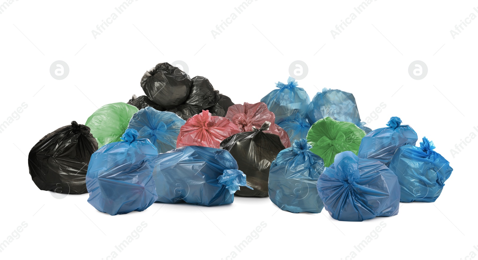 Image of Big heap of trash bags with garbage on white background