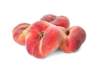 Photo of Fresh ripe donut peaches on white background