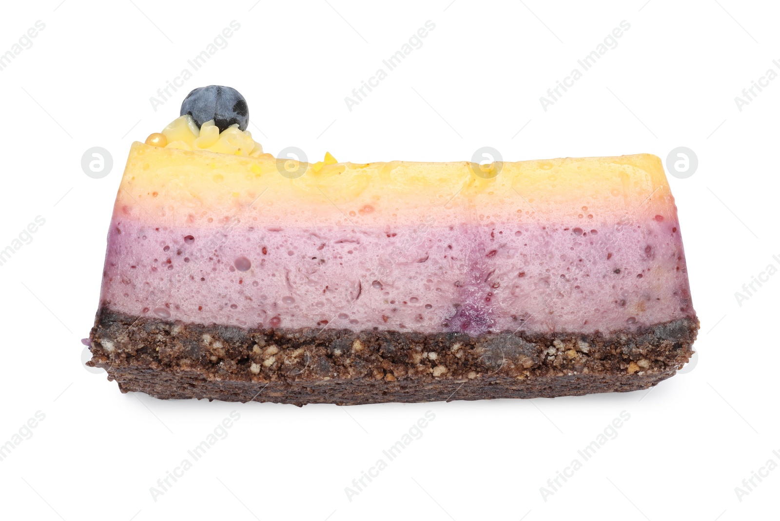 Photo of Delicious cheesecake with blueberry isolated on white, top view