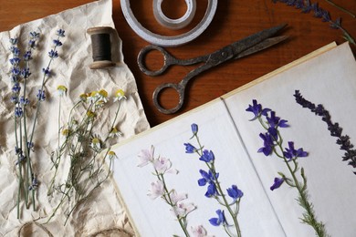 Photo of Flat lay composition with beautiful dried flowers, book and old scissors on wooden table