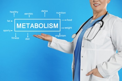 Metabolism concept. Mature doctor presenting scheme on blue background, closeup
