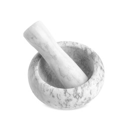 Marble mortar and pestle on white background