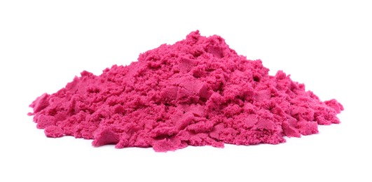 Photo of Pile of pink kinetic sand on white background