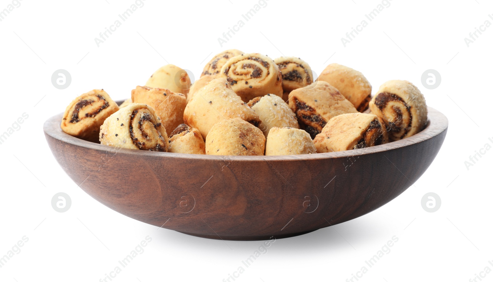 Photo of Bowl with poppy seed cookies isolated on white