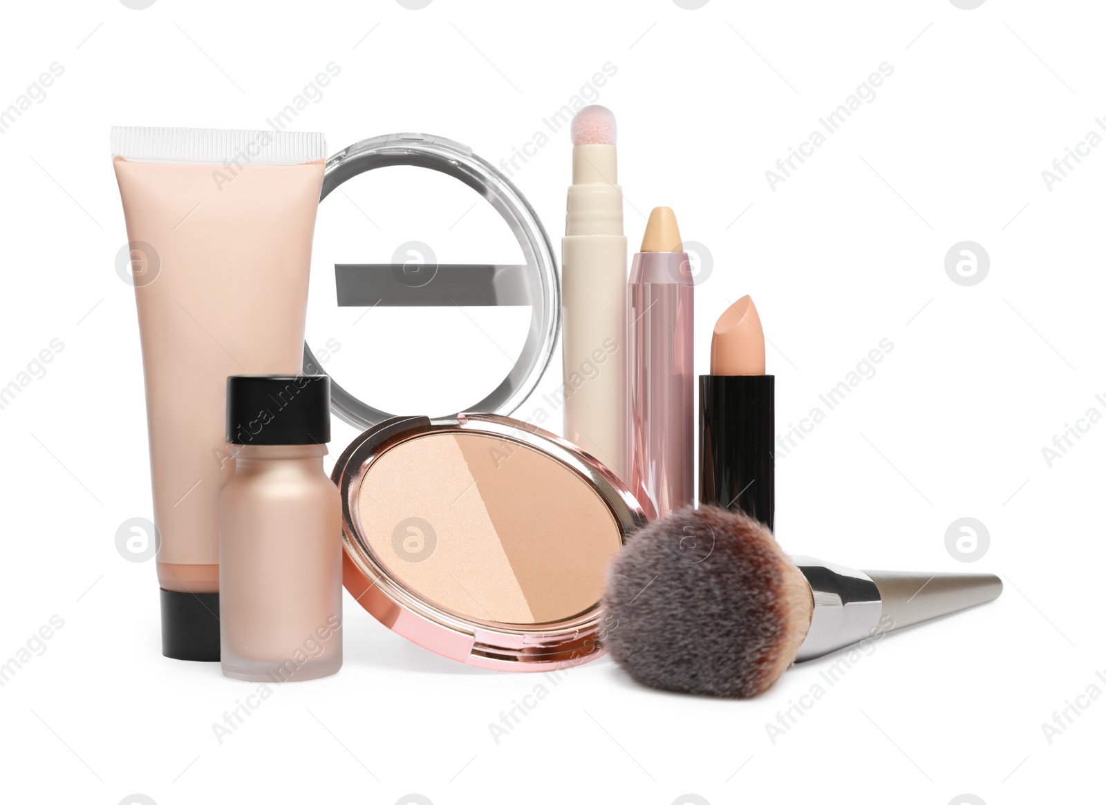 Photo of Many different makeup products isolated on white