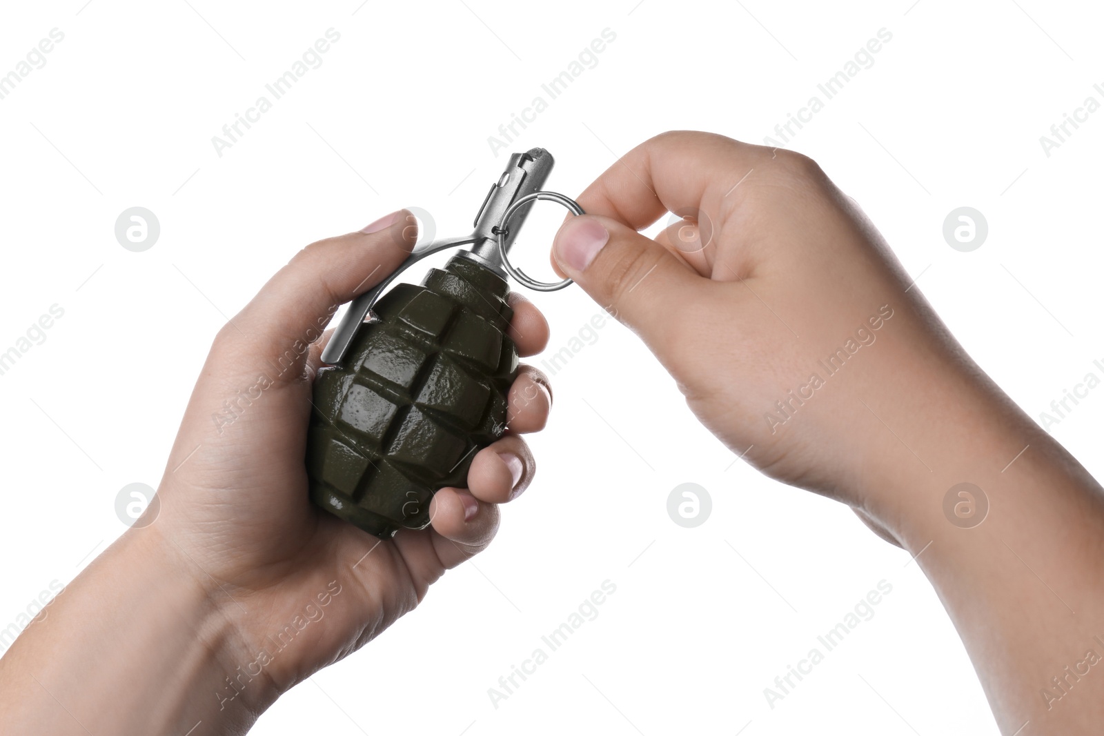 Photo of Man pulling safety pin out of hand grenade on white background, closeup