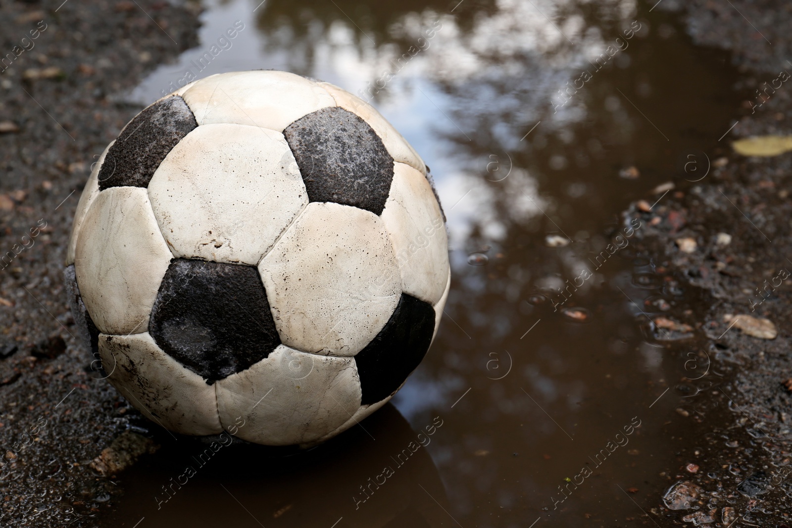 Photo of Dirty soccer ball in muddy puddle, space for text