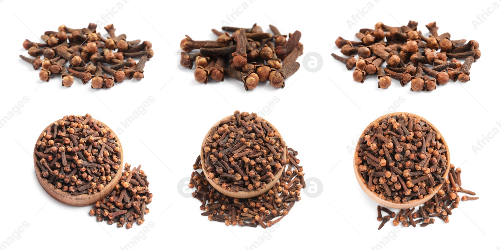 Image of Set with aromatic dried cloves on white background. Banner design