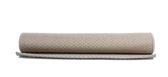 Rolled grey carpet on white background. Interior element