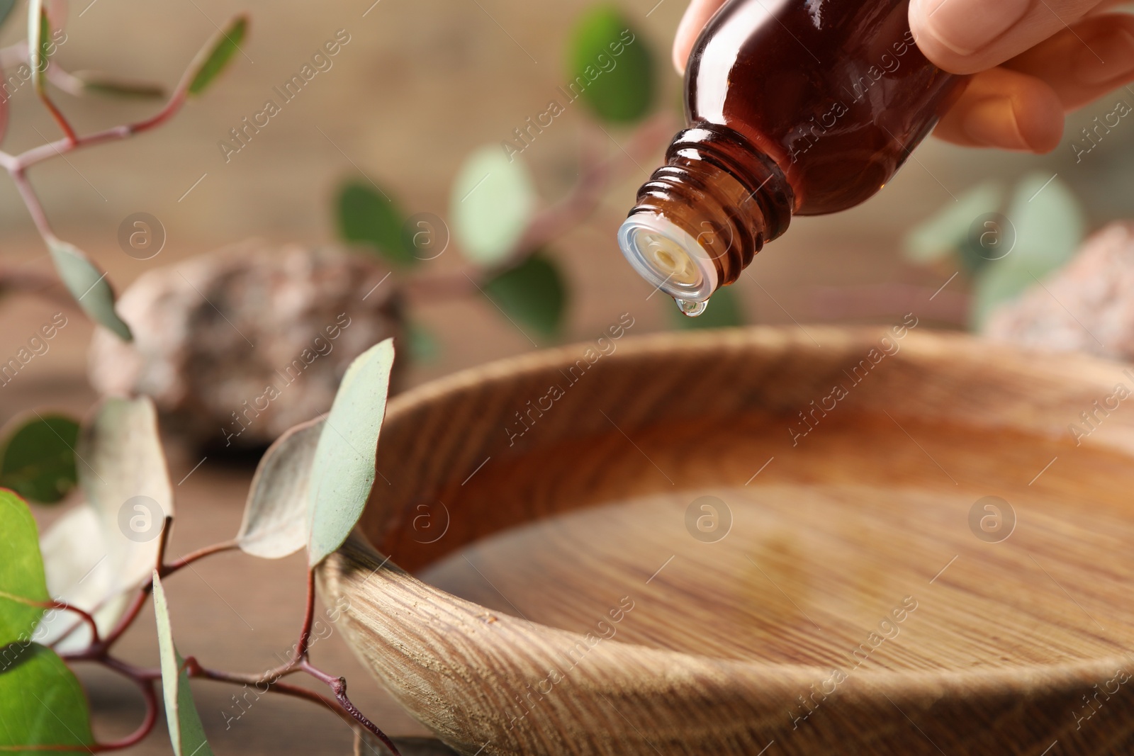 Photo of Woman dripping eucalyptus essential oil from bottle into bowl at wooden table, closeup. Space for text