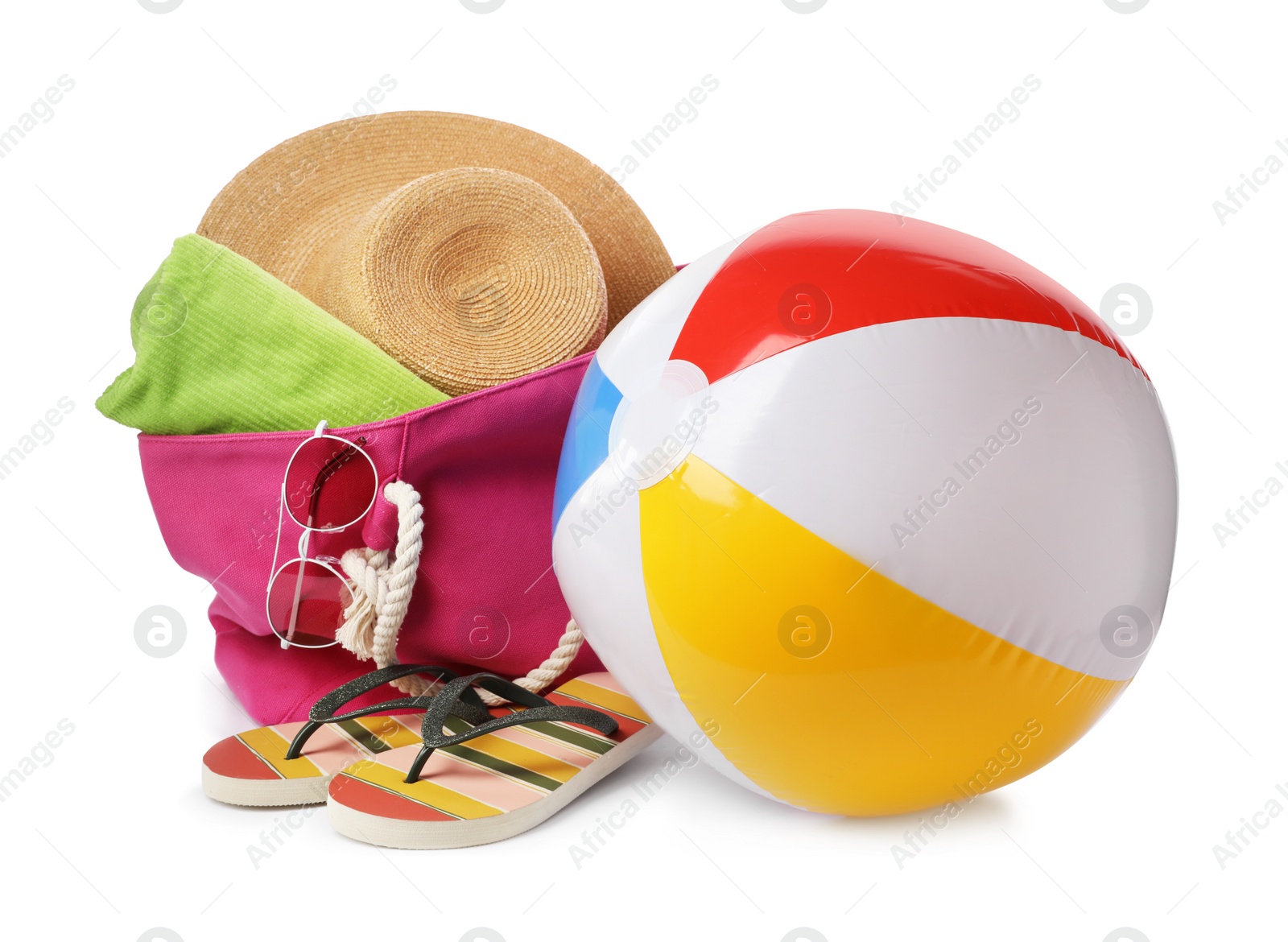 Photo of Different stylish beach accessories on white background