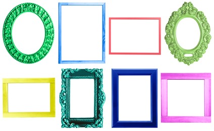 Collage with bright frames on white background