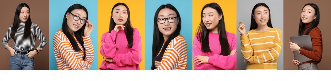 Image of Collage with photos of Asian woman on different color backgrounds