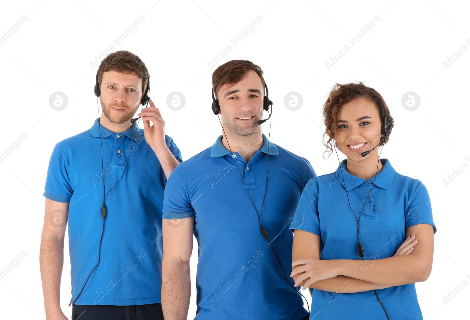 Photo of Team of technical support with headsets isolated on white