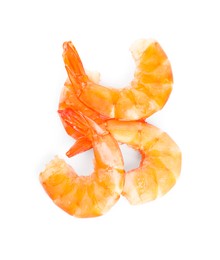 Delicious freshly cooked shrimps isolated on white, top view