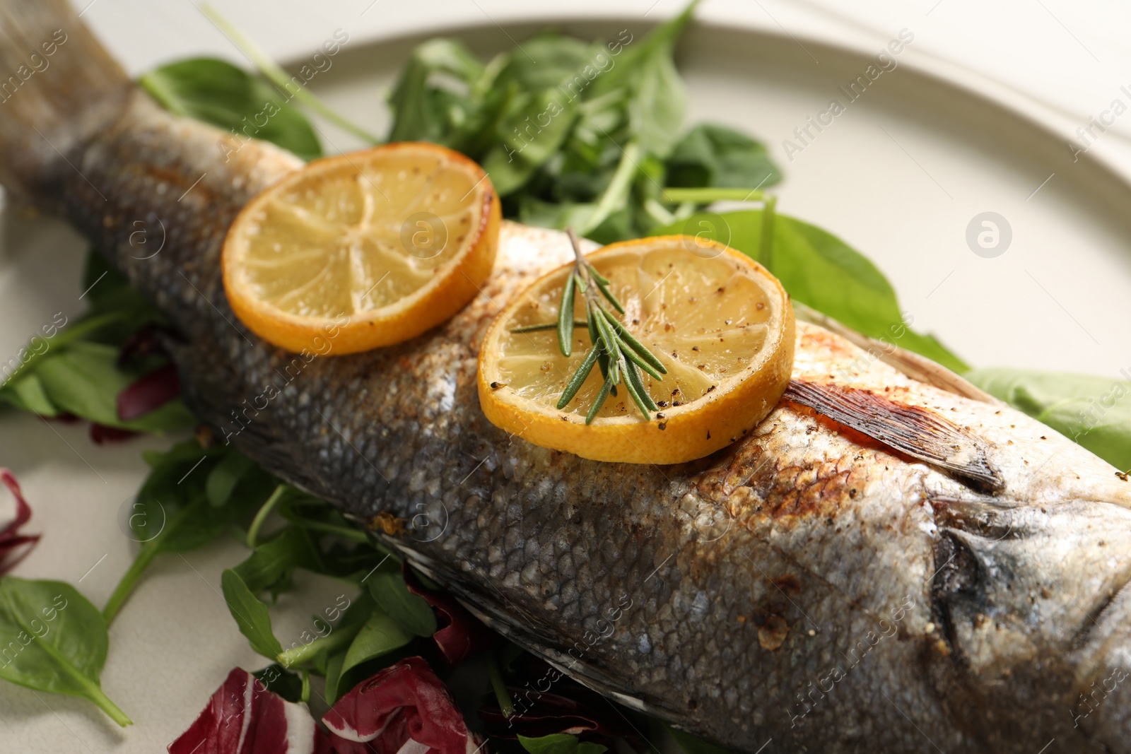 Photo of Baked fish with spinach and lemon on white plate, closeup