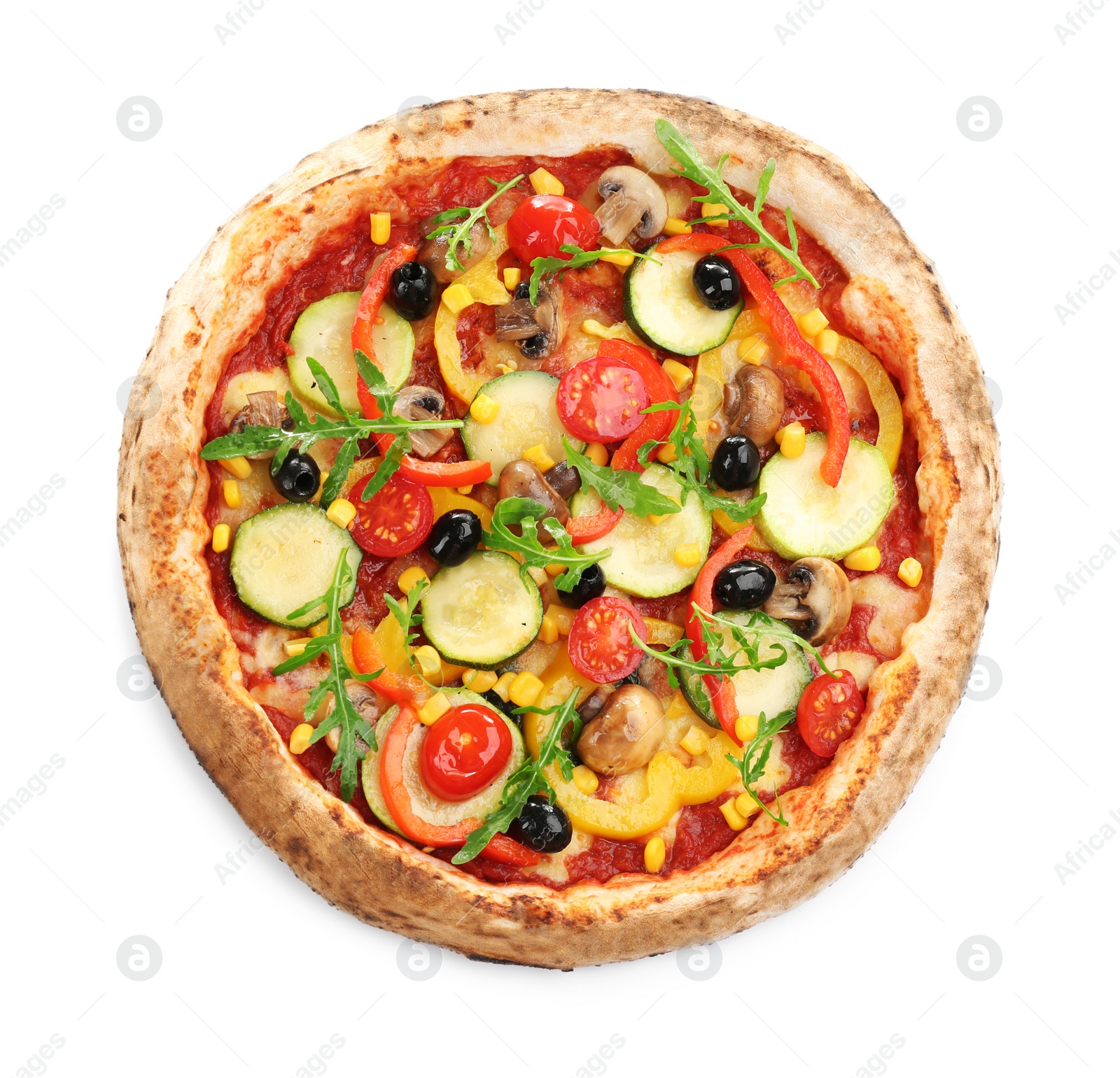 Photo of Delicious hot vegetable pizza on white background, top view