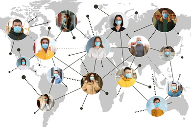 Image of World map and people with medical masks. Spreading of coronavirus