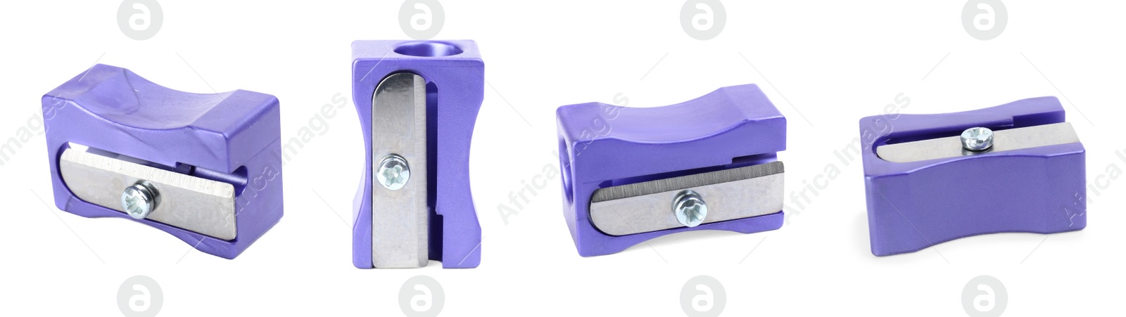 Image of Set with violet pencil sharpeners on white background. Banner design