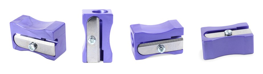 Image of Set with violet pencil sharpeners on white background. Banner design