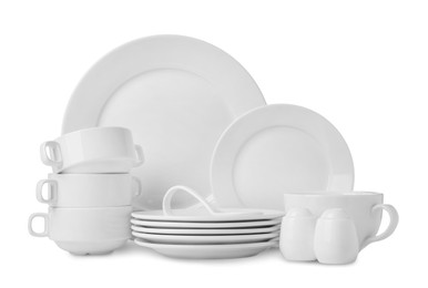 Set of clean dishware isolated on white