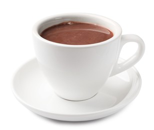 Photo of Tasty hot chocolate in cup isolated on white