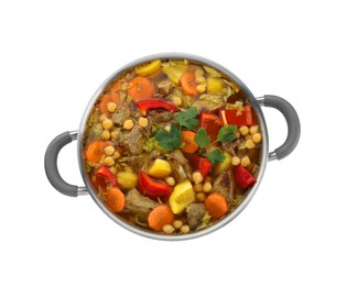 Photo of Saucepan of delicious vegetable soup with beef isolated on white, top view