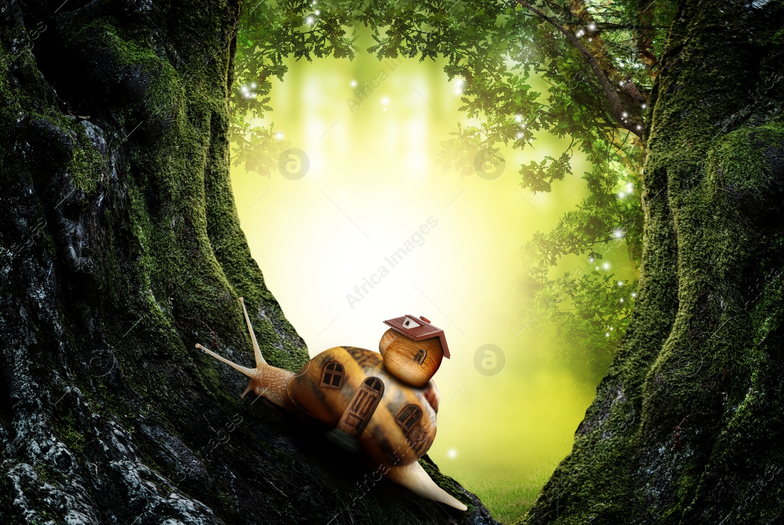 Image of Fantasy world. Magic snail with its shell house moving on tree in beautiful fairy forest