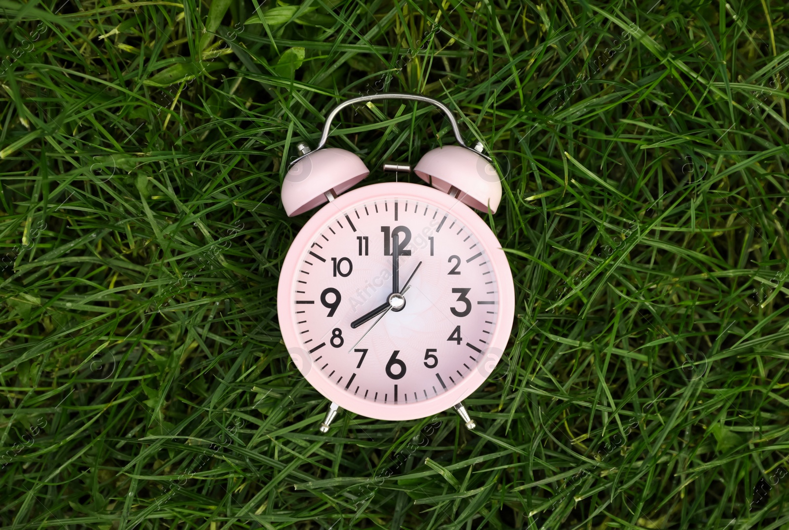 Photo of Pink small alarm clock on green grass outdoors, top view