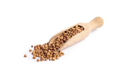 Photo of Scoop with uncooked buckwheat on white background