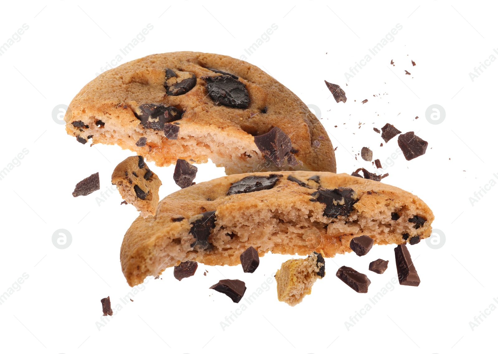 Image of Tasty chocolate chip cookies falling on white background