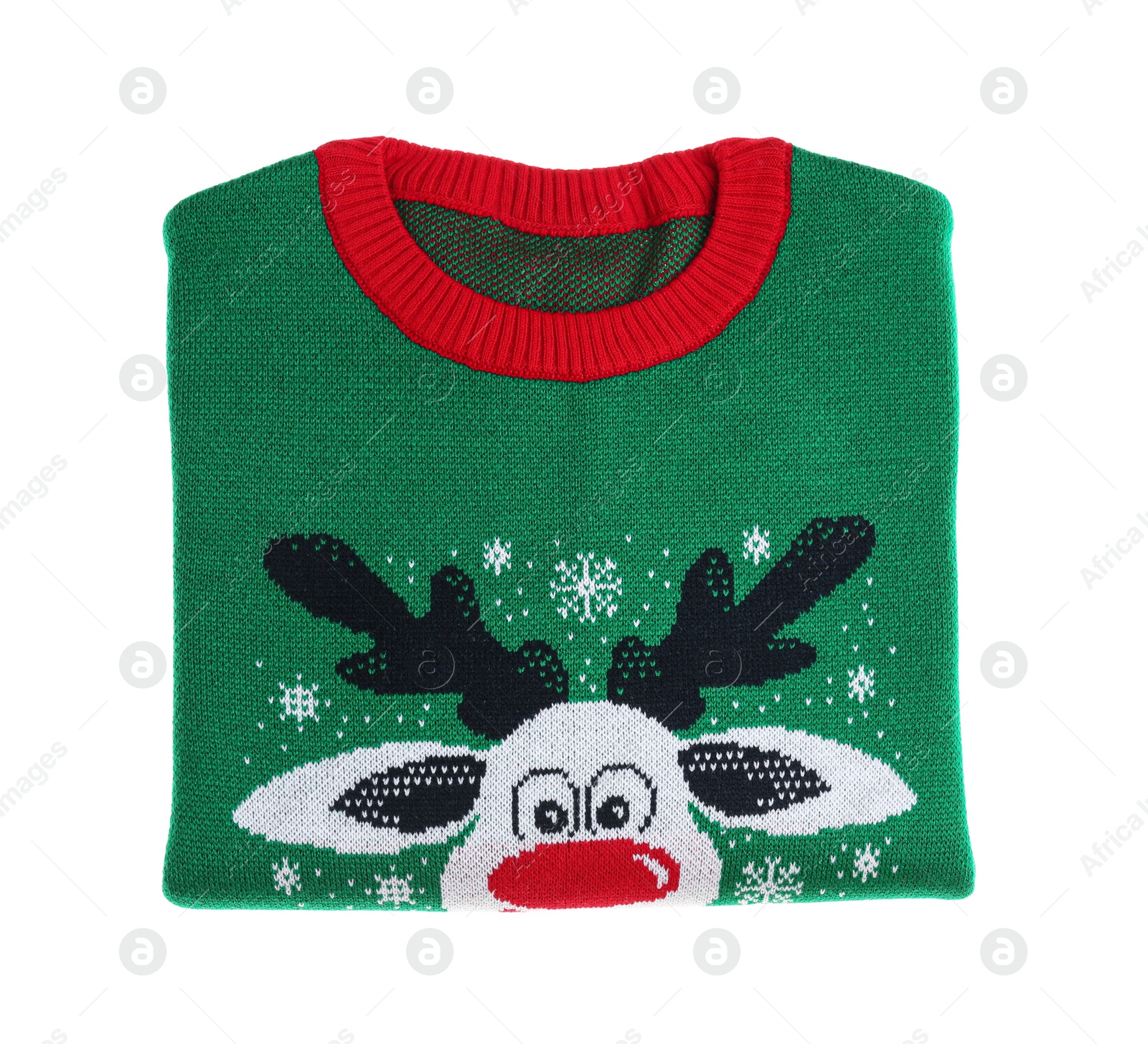 Photo of Folded warm Christmas sweater with deer isolated on white, top view
