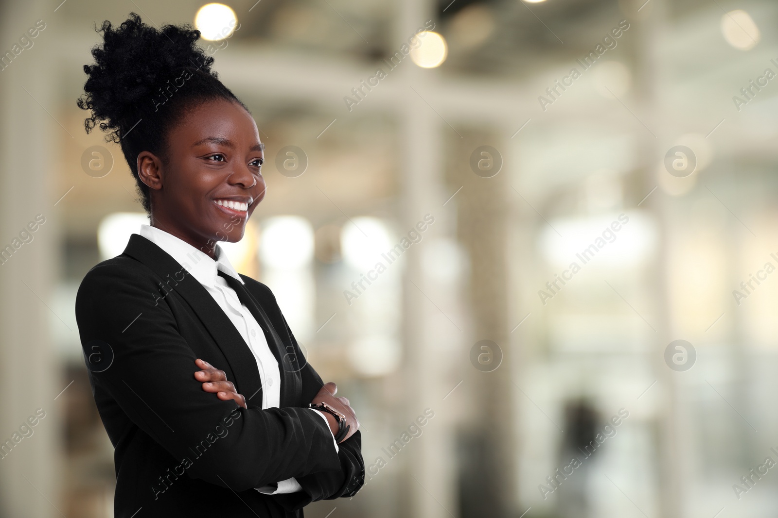 Image of Lawyer, consultant, business owner. Confident woman smiling indoors, space for text