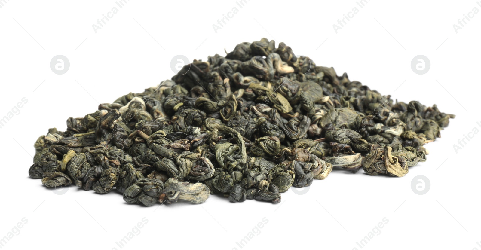 Photo of Pile of dried green tea leaves on white background