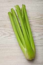 Photo of One fresh green celery bunch on white wooden table, top view