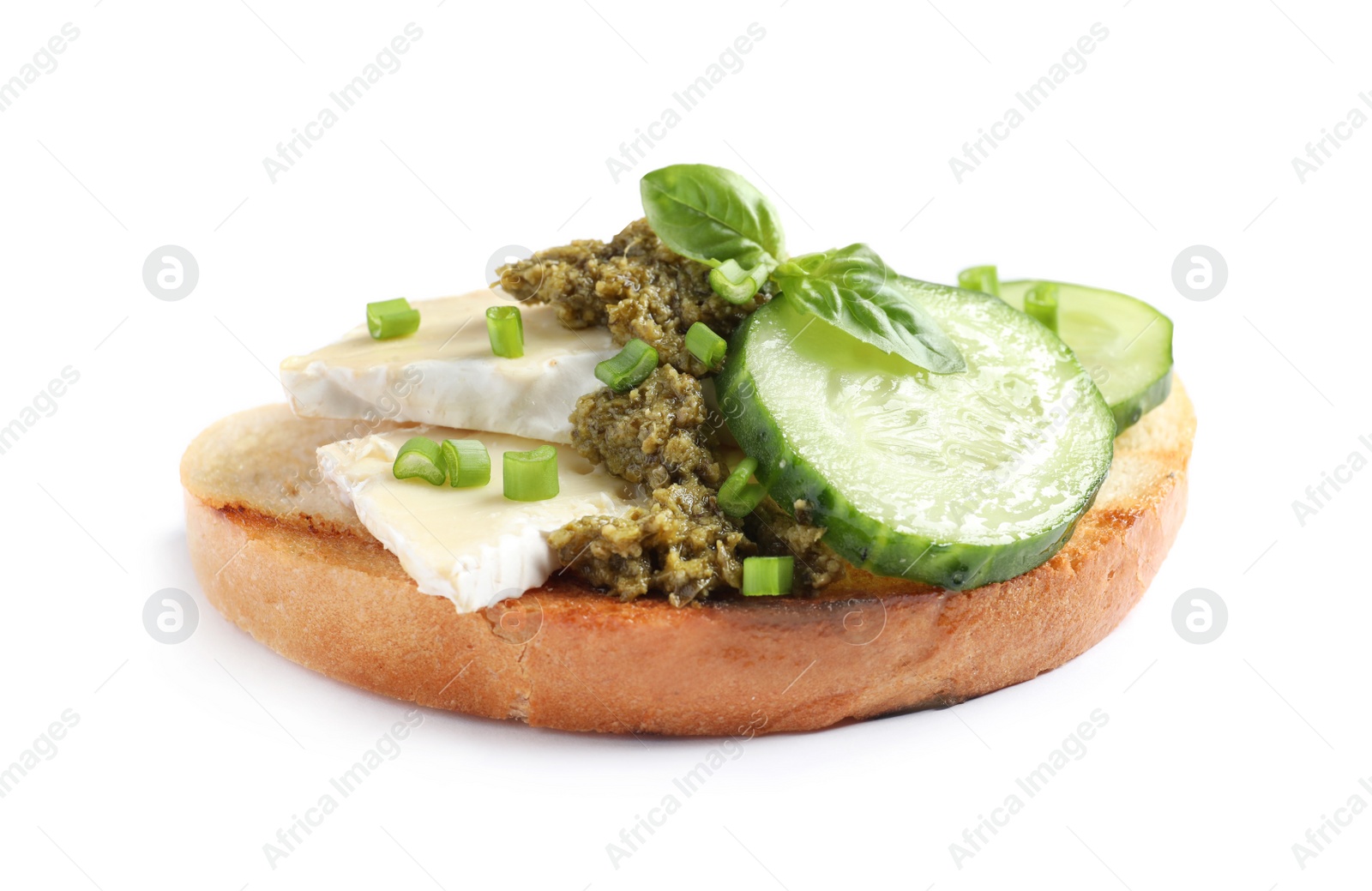 Photo of Tasty bruschetta with cucumber and cheese on white background