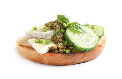 Tasty bruschetta with cucumber and cheese on white background