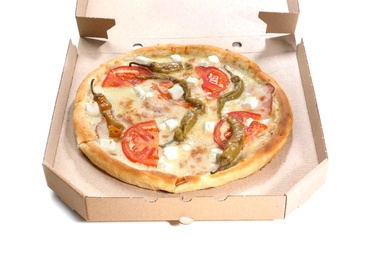 Photo of Open cardboard box with delicious pizza on white background. Food delivery